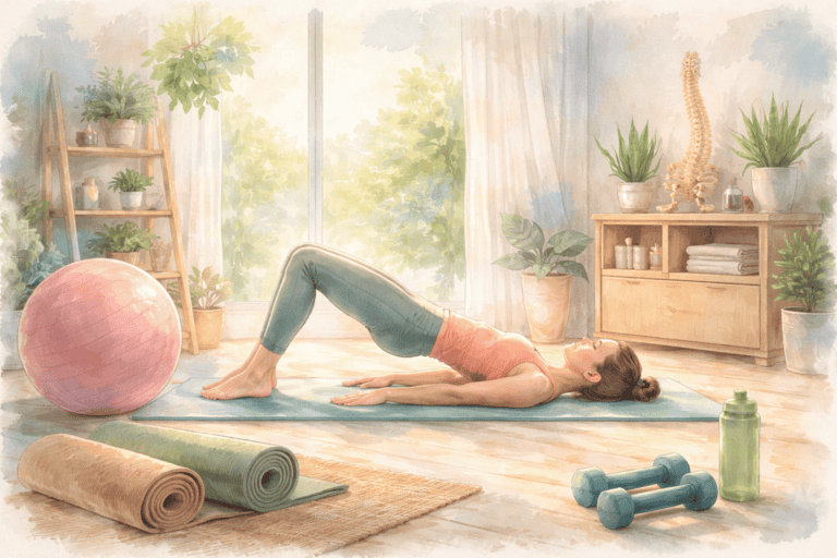 Woman performing Pilates stretch for back pain in a bright, calming home studio.