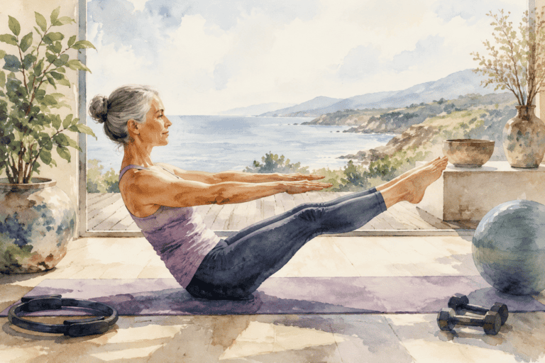 Senior woman doing Pilates exercises on a mat by a scenic window.