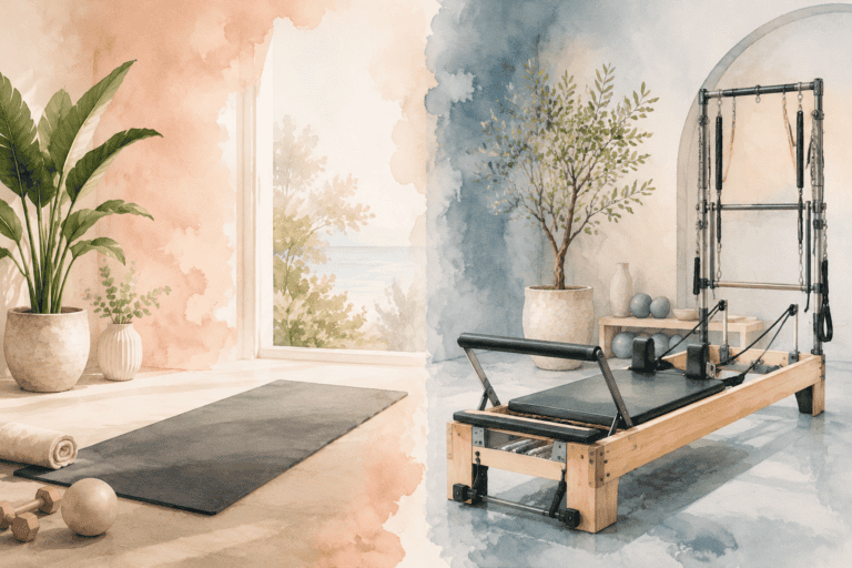 Modern Pilates studio with mat and reformer equipment for fitness classes.