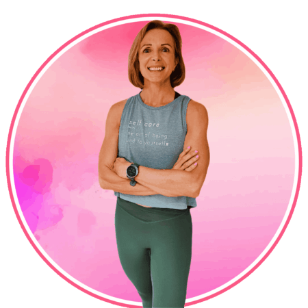 Woman smiling in workout clothes, promoting Pilates fitness classes.