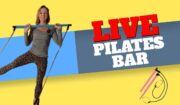 Live Pilates Bar Workout Woman performing Pilates with a bar in a bright studio setting.