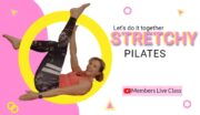 Stretchy Pilates Exercise for Flexibility and Strength Woman performing stretchy Pilates move for flexibility and core strength.