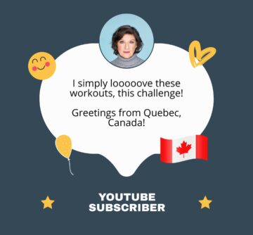 Woman doing Pilates exercise with Quebec flag and motivational message.