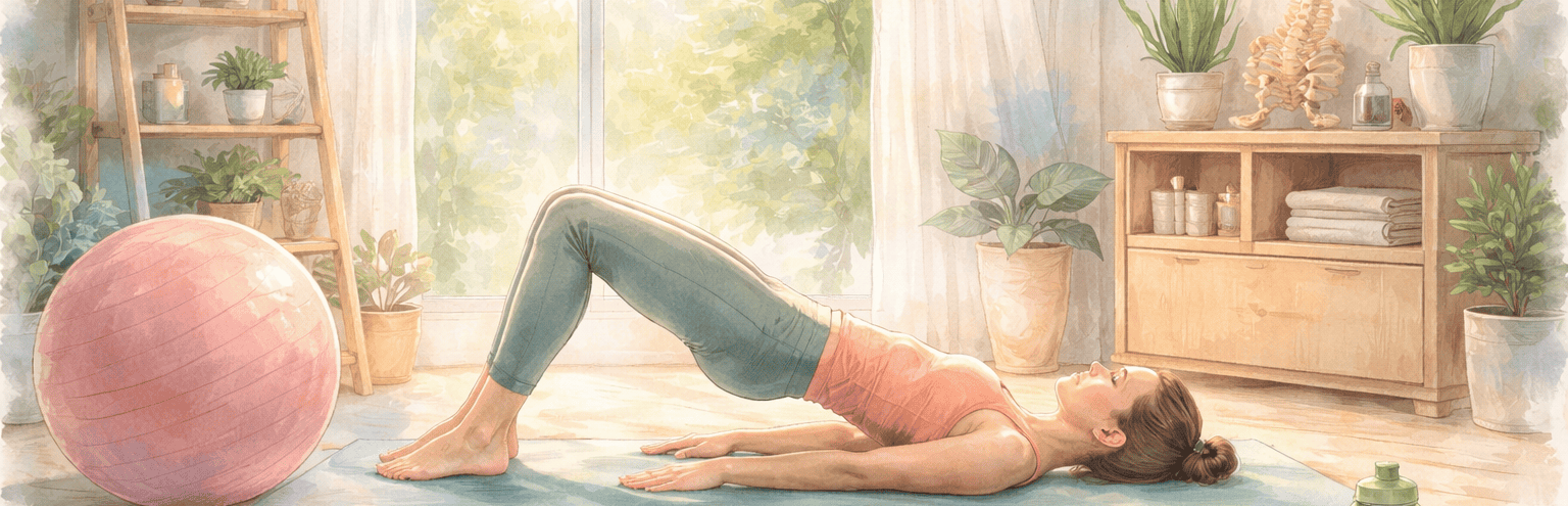 Woman performing Pilates stretch for back pain in a bright, calming home studio.