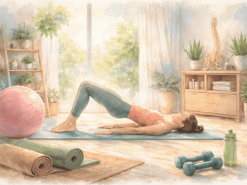 Woman performing Pilates stretch for back pain in a bright, calming home studio.