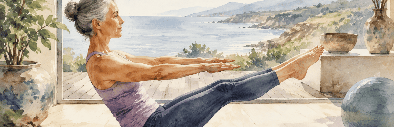 Senior woman doing Pilates exercises on a mat by a scenic window.